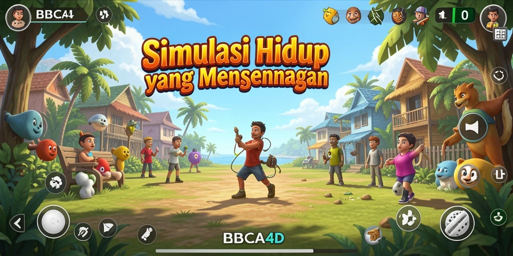 Screenshot gameplay BBCA4D menunjukkan interaksi karakter yang dinamis dan beragam aktivitas.