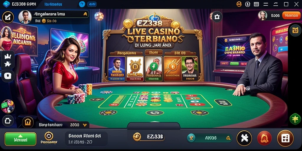 Screenshot gameplay EZ338 dengan dealer live dan permainan yang menarik.