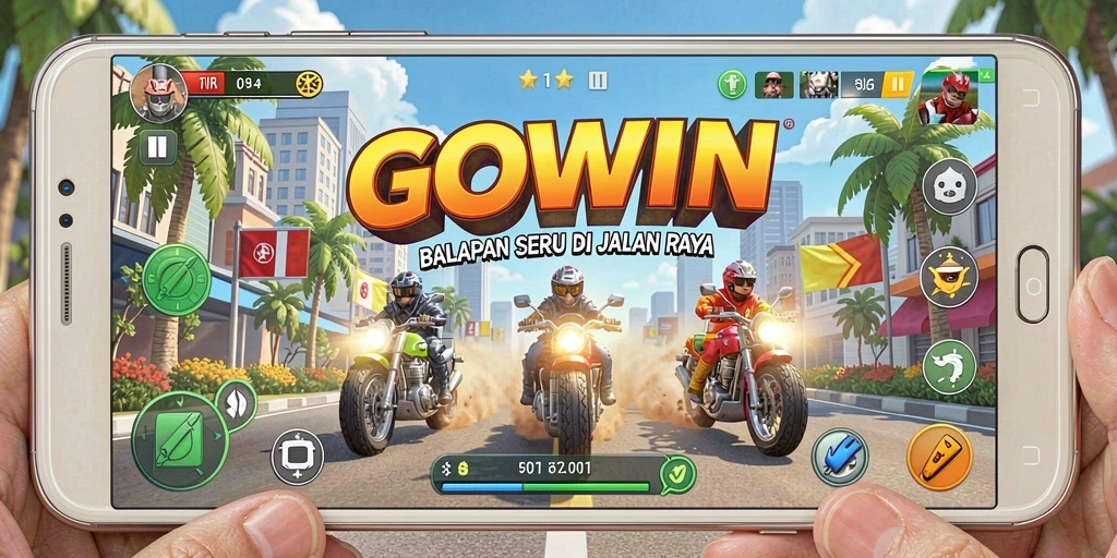 Gameplay GOWIN menampilkan aksi balapan yang mendebarkan dan cepat.
