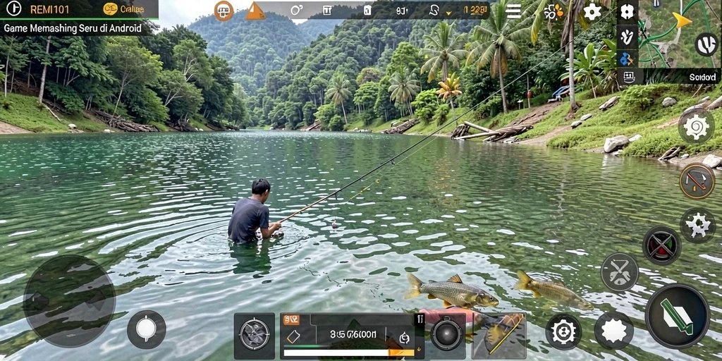 Tampilan gameplay REMI101 dengan pemandangan yang menawan saat memancing.